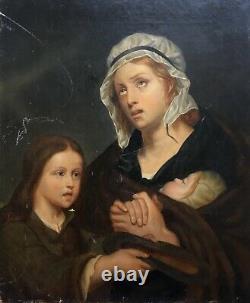Tableau ancien, Huile sur toile, Madone, Portrait, Femme et enfants, XIXe