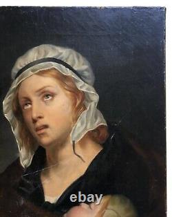 Tableau ancien, Huile sur toile, Madone, Portrait, Femme et enfants, XIXe