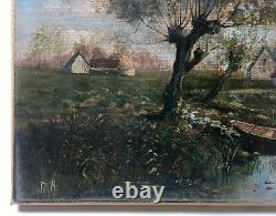 Tableau ancien, Huile sur toile, Monogramme, Paysage style Barbizon, Fin XIXe