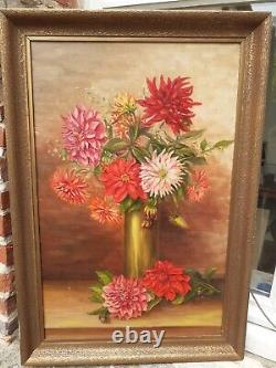 Tableau ancien Huile sur toile Nature morte aux dahlias signée encadrée 60X38