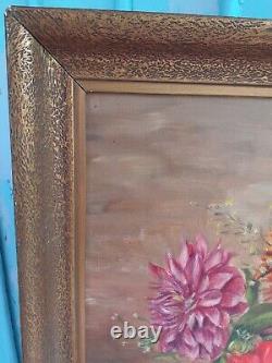 Tableau ancien Huile sur toile Nature morte aux dahlias signée encadrée 60X38