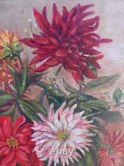 Tableau ancien Huile sur toile Nature morte aux dahlias signée encadrée 60X38