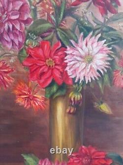 Tableau ancien Huile sur toile Nature morte aux dahlias signée encadrée 60X38