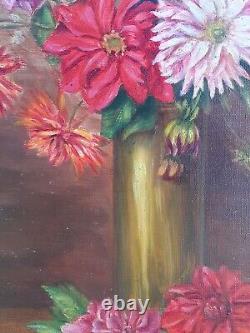 Tableau ancien Huile sur toile Nature morte aux dahlias signée encadrée 60X38