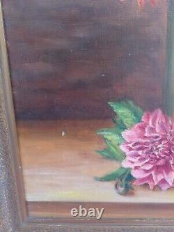 Tableau ancien Huile sur toile Nature morte aux dahlias signée encadrée 60X38