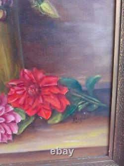 Tableau ancien Huile sur toile Nature morte aux dahlias signée encadrée 60X38