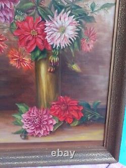 Tableau ancien Huile sur toile Nature morte aux dahlias signée encadrée 60X38