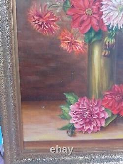 Tableau ancien Huile sur toile Nature morte aux dahlias signée encadrée 60X38