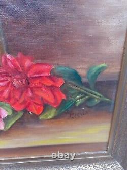 Tableau ancien Huile sur toile Nature morte aux dahlias signée encadrée 60X38