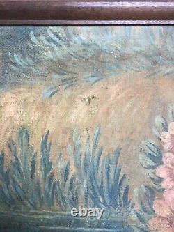Tableau ancien, Huile sur toile, Oiseau et fleurs, 82 cm, XIXe