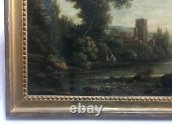 Tableau ancien, Huile sur toile, Paysage animé, Encadré, XVIIIe