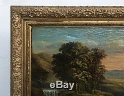 Tableau ancien, Huile sur toile, Paysage avec cascade, Encadré, XIXe