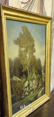 Tableau ancien-Huile sur toile-Paysage avec rochers et arbres-École européenne