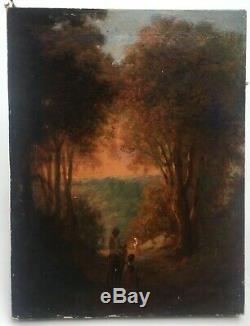 Tableau ancien, Huile sur toile, Paysage de forêt avec personnages, XIXe