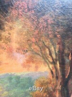 Tableau ancien, Huile sur toile, Paysage de forêt avec personnages, XIXe
