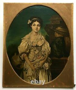 Tableau ancien, Huile sur toile, Portrait, Jeune femme, La cruche cassée, XIXe