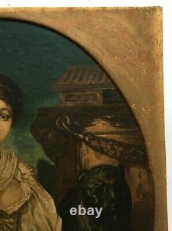 Tableau ancien, Huile sur toile, Portrait, Jeune femme, La cruche cassée, XIXe