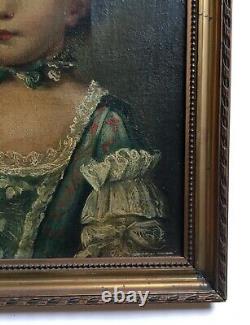 Tableau ancien, Huile sur toile, Portrait de jeune fille en costume, XIXe