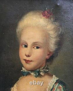 Tableau ancien, Huile sur toile, Portrait de jeune fille en costume, XIXe