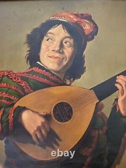 Tableau ancien Huile sur toile Portrait troubadour musicien medieval encadré XIX