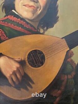 Tableau ancien Huile sur toile Portrait troubadour musicien medieval encadré XIX