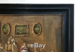 Tableau ancien, Huile sur toile, Scène d'intérieur, Encadré, XIXe
