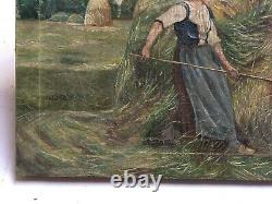Tableau ancien, Huile sur toile, Scène de moisson, Travaux des champs, XIXe