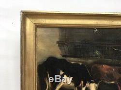 Tableau ancien, Huile sur toile, Vaches à l'étable, cadre doré, XIXe