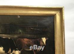 Tableau ancien, Huile sur toile, Vaches à l'étable, cadre doré, XIXe