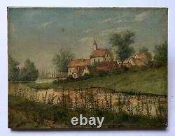 Tableau ancien, Huile sur toile, Village en bord de rivière, Peinture, Fin XXe