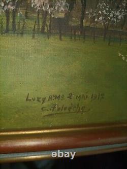 Tableau ancien Huile sur toile Vue de Luzy mai 1917 signé Polvèche