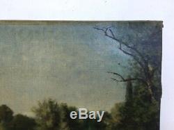 Tableau ancien, Huile sur toile à restaurer, Paysage, Bord de rivière, Fin XIXe