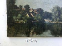 Tableau ancien, Huile sur toile à restaurer, Paysage, Bord de rivière, Fin XIXe