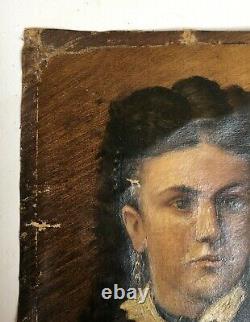 Tableau ancien, Huile sur toile à restaurer, Portrait de jeune femme, XIXe