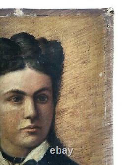 Tableau ancien, Huile sur toile à restaurer, Portrait de jeune femme, XIXe