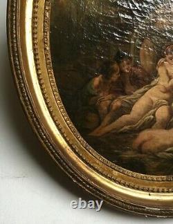 Tableau ancien, Huile sur toile marouflée sur carton, Baigneuses, XIXe ou avant