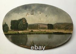 Tableau ancien, Huile sur toile ovale, Paysage lacustre, Berges, Début XXe