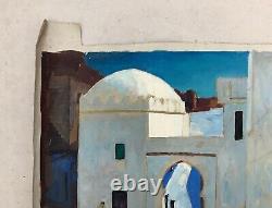 Tableau ancien, Huile sur toile sans châssis, Rue Animée Au Maghreb Peinture XXe