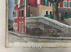 Tableau ancien, Huile sur toile sans châssis, Village Coloré Animé, Peinture XXe
