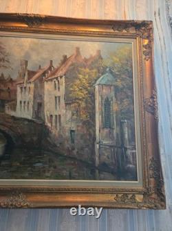 Tableau ancien Huile sur toile vue d'un quartier de Bruges XXeme