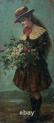 Tableau ancien, Jeune fille au bouquet de fleurs, Petite huile sur panneau, XIXe