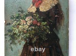 Tableau ancien, Jeune fille au bouquet de fleurs, Petite huile sur panneau, XIXe