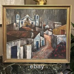 Tableau ancien Louis Pfeiffer Huile Sur Toile Village Abstrait cadre vintage