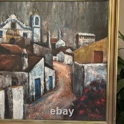 Tableau ancien Louis Pfeiffer Huile Sur Toile Village Abstrait cadre vintage