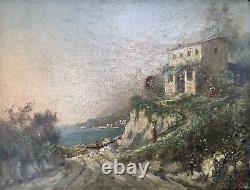 Tableau ancien, Maison sur la côte, Huile sur toile, Italie Monogramme, XIXe