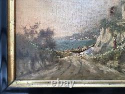 Tableau ancien, Maison sur la côte, Huile sur toile, Italie Monogramme, XIXe