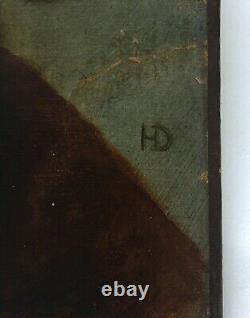 Tableau ancien, Monogramme, Huile sur papier marouflé, Portrait, Peinture XIXe