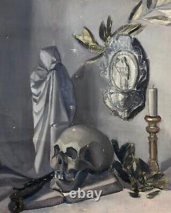 Tableau ancien, Nature Morte à La Vanité, Huile Sur Toile, Peinture, XXe
