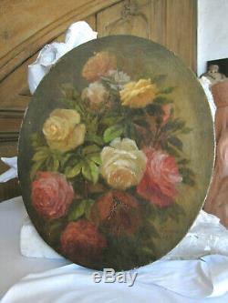 Tableau ancien Ovale Bouquet de Roses Fleurs Huile sur Toile Signé daté XIXe