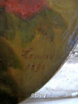 Tableau ancien Ovale Bouquet de Roses Fleurs Huile sur Toile Signé daté XIXe